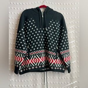 Eir Vintage‎ 100% Wool Fair Isle Hooded Sweater Sz S Black Red
